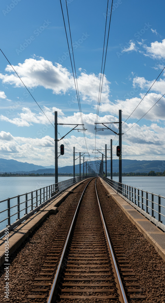 Fototapeta premium Train Tracks over Water: A Journey into the Distance - Scenic Railway Bridge, Blue Sky, and Still Waters Await!