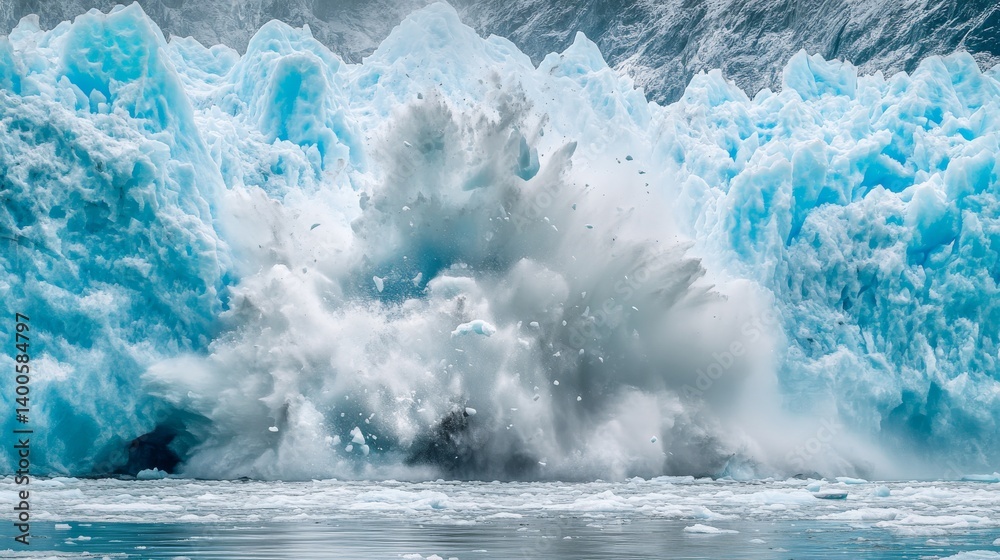 A dynamic splash of blue water captivates the viewer. This stunning image highlights the raw power of nature. It showcases glacial movement and ocean waves. Generative AI
