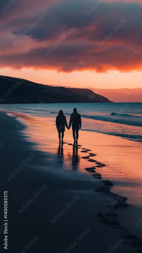 A romantic couple walks hand in hand along the shore at sunset. The waves gently lap at their feet. The sky is painted with shades of purple and orange. Generative AI