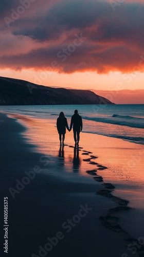 Obraz na płótnie A romantic couple walks hand in hand along the shore at sunset. The waves gently lap at their feet. The sky is painted with shades of purple and orange. Generative AI w salonie