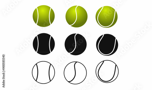 Tennis ball icon set in flat, outline, and solid styles. Ideal for sports logos, web, mobile apps, infographics, and athletic branding