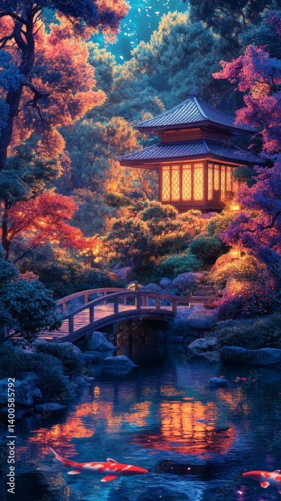 A serene night in a vibrant garden. A traditional pavilion glows under the moonlight. Koi fish swim peacefully in the reflecting pond. Nature and tranquility come together. Generative AI