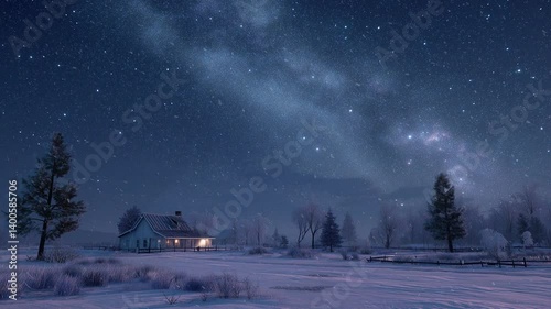 minimalist virtual background deep, velvety star-studded sky sleek, snow-covered landscape. small, modern winter home rendered in clean lines and subtle light