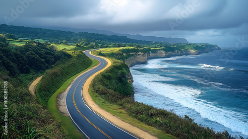Curving coastal road with lush greenery and the oceans waves crashing against the cliffs Serene scenic coastal lands