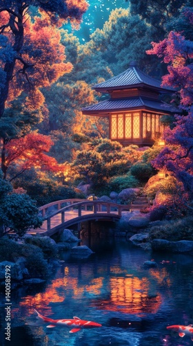 Obraz na płótnie A serene night in a vibrant garden. A traditional pavilion glows under the moonlight. Koi fish swim peacefully in the reflecting pond. Nature and tranquility come together. Generative AI w salonie
