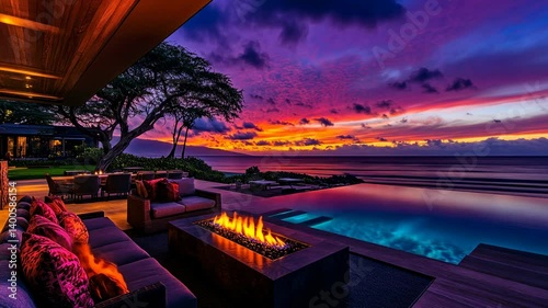 Luxurious outdoor living area with sunset view and infinity pool.