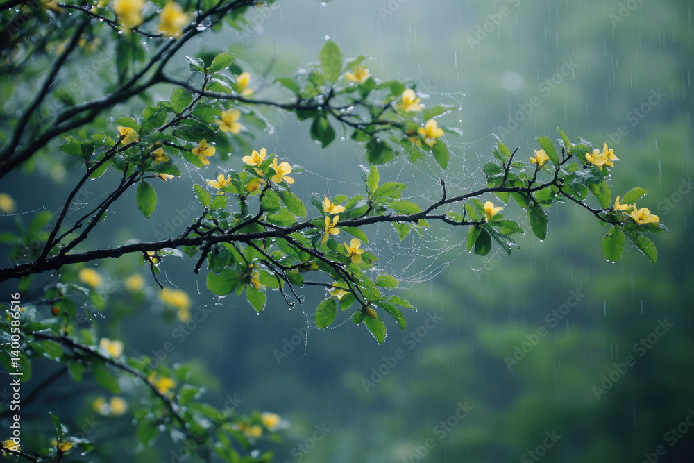 Tree with yellow flowers stands tall in the rain, glistening with droplets against a gray sky. Tree with yellow flowers stands tall in the rain, glistening with droplets against a gray sky.