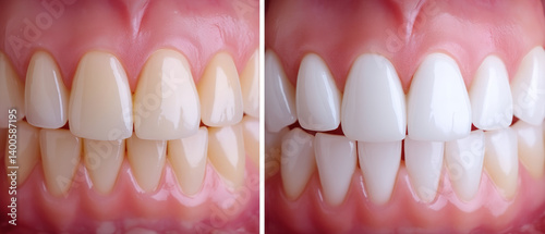 Teeth whitening treatment results showcasing dramatic transformation from worn, discolored teeth to bright, white teeth. before and after photo