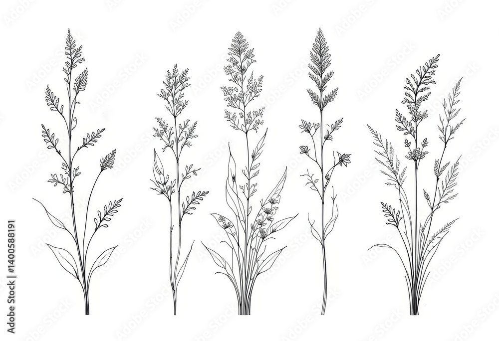 Fototapeta premium Vintage botanical illustrations of various plants on white background 