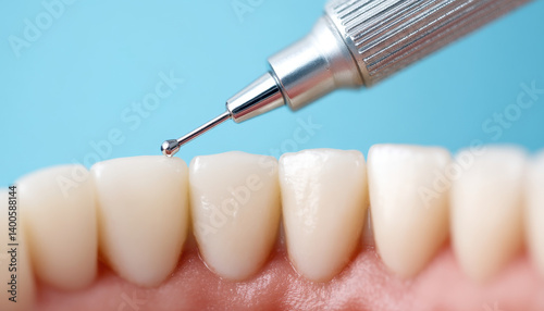 Dental scaler tool close up, focusing on teeth cleaning. captures precision of dental care, highlighting oral hygiene