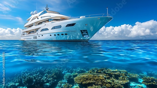 Luxurious yacht on azure waters, with vibrant coral reef below