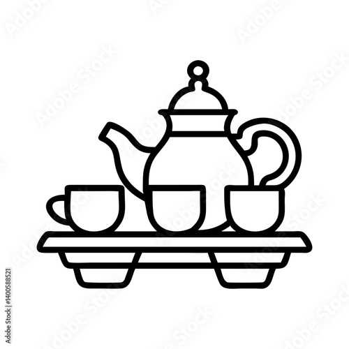Tea set vector icon illustration, teapot and cups on tray, tea time design element, outline style