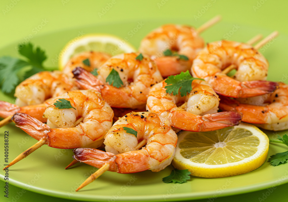 Grilled Shrimp Skewers with Lemon and Parsley on Green Plate Grilled Shrimp Skewers with Lemon and Parsley on Green Plate