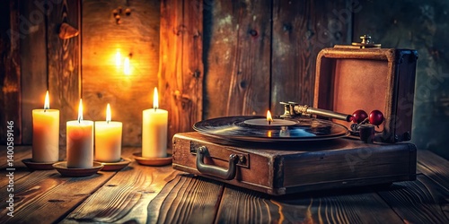 Wallpaper Mural Cozy Vintage Home Music: Candles & Vinyl Player Panoramic Torontodigital.ca