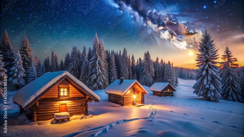 Fototapeta premium Cozy Snow-Covered Log Cabins in Winter Wonderland - Perfect Holiday Card Image