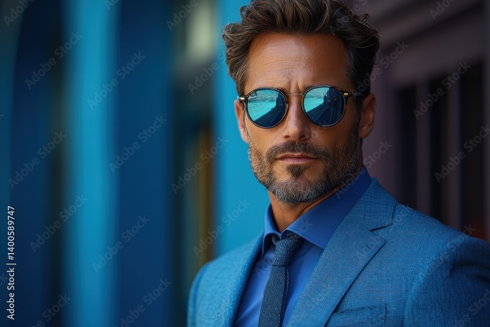 Stylish Man in Blue Suit with Sunglasses in Modern Fashion Portrait Stylish Man in Blue Suit with Sunglasses in Modern Fashion Portrait