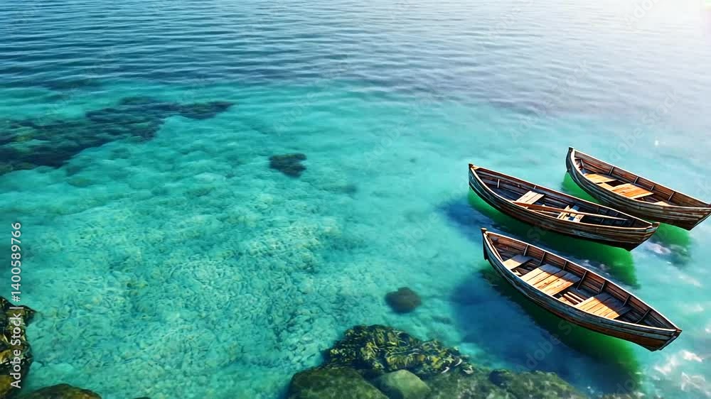 Tranquil turquoise water, three wooden rowboats peacefully glide Tranquil turquoise water, three wooden rowboats peacefully glide