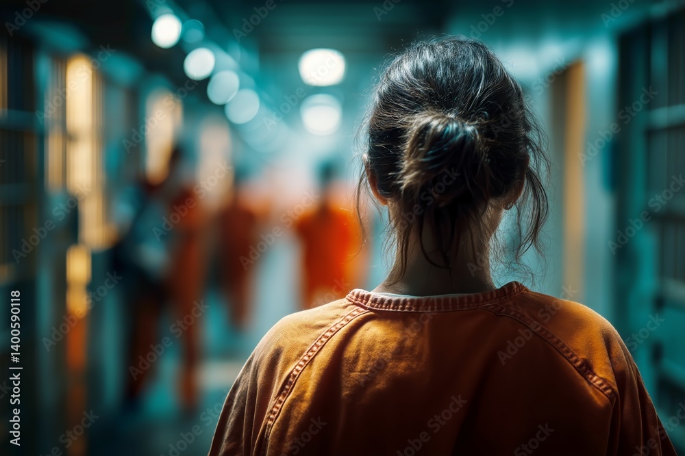 Woman in Orange Jumpsuit Walks Through Prison Corridor During Afternoon