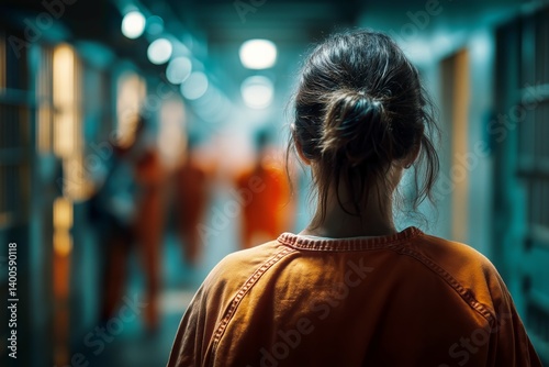 Obraz na płótnie Woman in Orange Jumpsuit Walks Through Prison Corridor During Afternoon w salonie