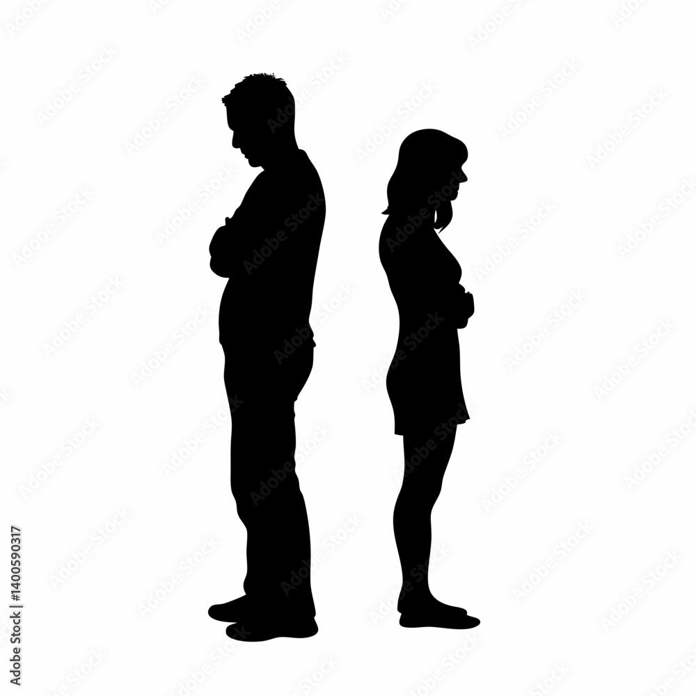 Vector silhouettes of a man and a woman, a couple of business people standing in profile Vector silhouettes of a man and a woman, a couple of business people standing in profile