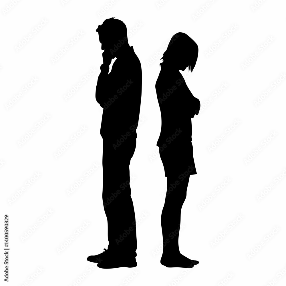 Vector silhouettes of a man and a woman, a couple of business people standing in profile Vector silhouettes of a man and a woman, a couple of business people standing in profile