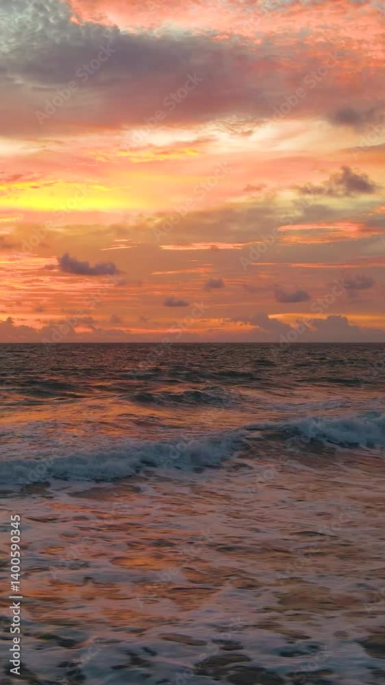Dramatic sea sunrise. Burning sky and shining golden waves.Vertical video. Dramatic sea sunrise. Burning sky and shining golden waves.Vertical video.