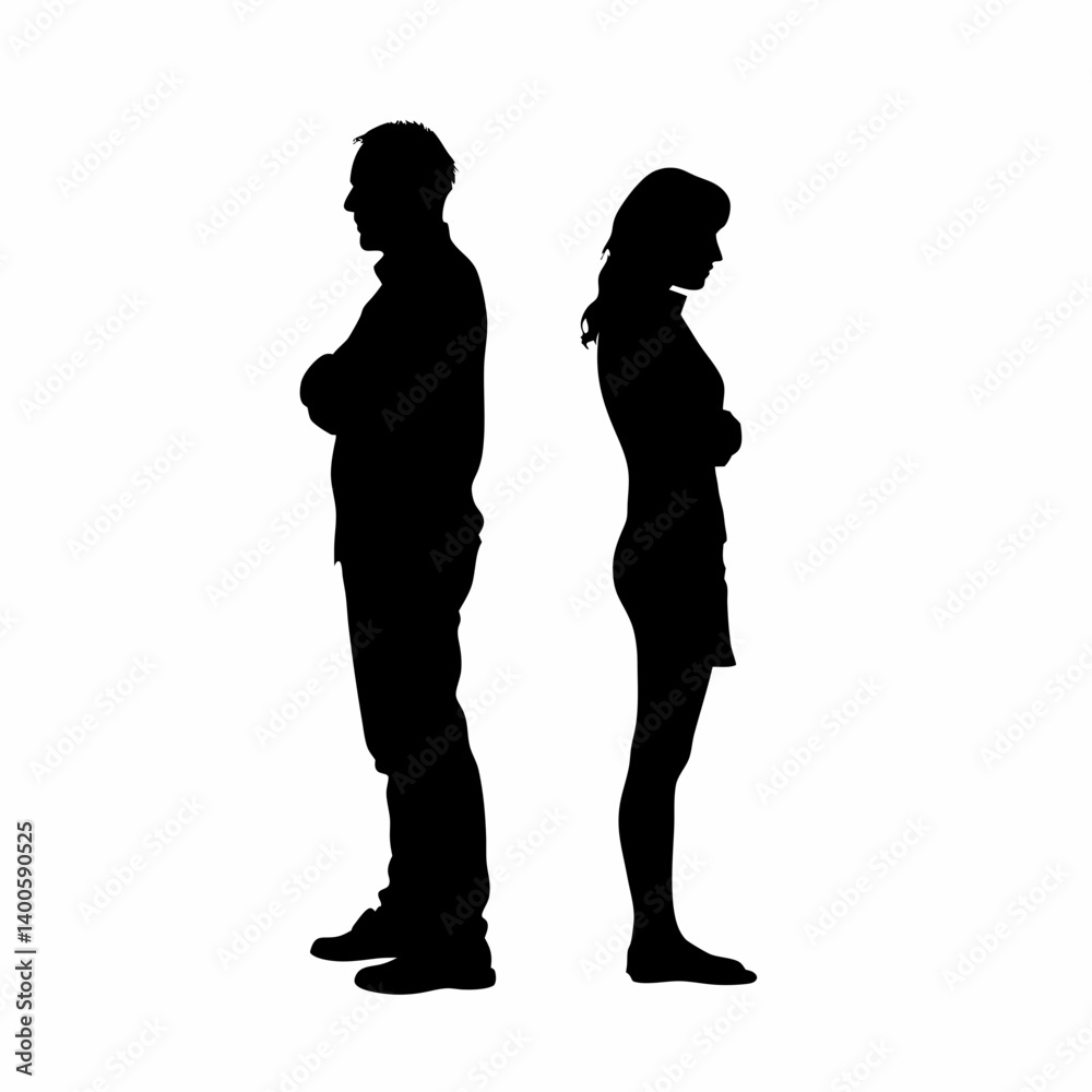 Vector silhouettes of a man and a woman, a couple of business people standing in profile Vector silhouettes of a man and a woman, a couple of business people standing in profile