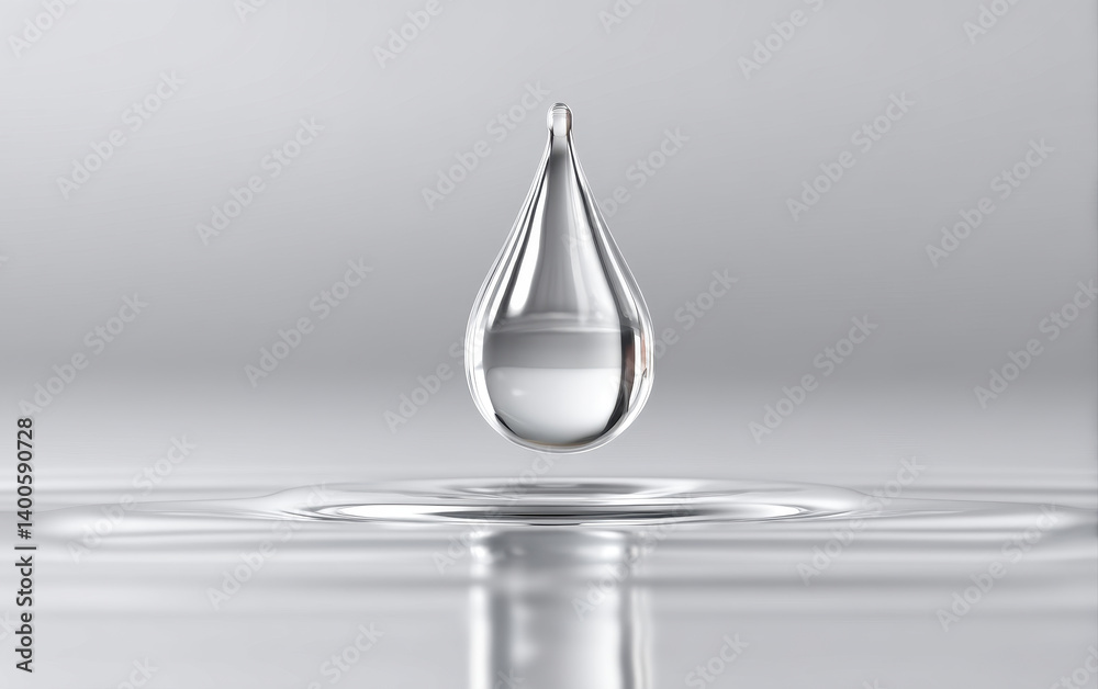 Fototapeta premium clear water droplet levitates above smooth liquid surface, creating serene and tranquil atmosphere. reflection adds depth and beauty