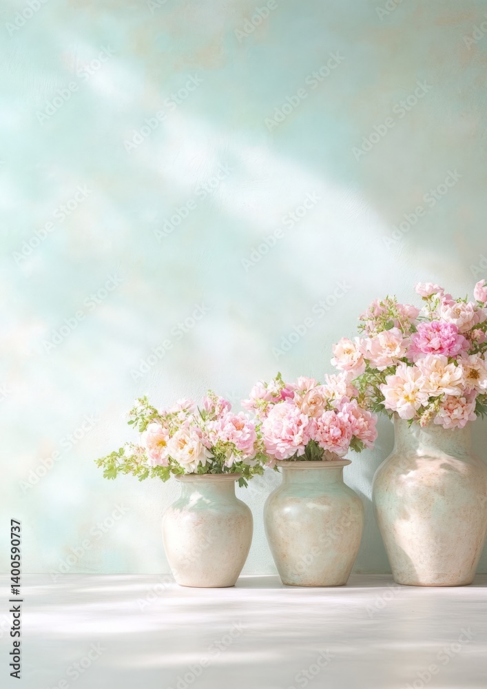 Elegant ceramic vases with pink blossoms against a soft pastel background Elegant ceramic vases with pink blossoms against a soft pastel background