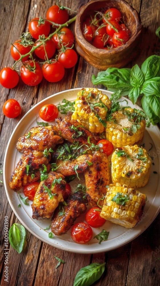 Grilled Chicken Wings Served With Sweet Corn and Fresh Herbs on a Wooden Table Grilled Chicken Wings Served With Sweet Corn and Fresh Herbs on a Wooden Table