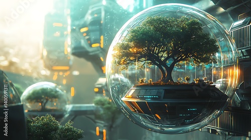 Futuristic cityscape with floating spherical gardens