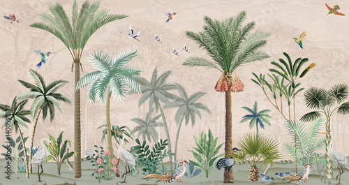 Hand painted wallpaper and fabrics, Garden Illustration, Mural Illustration, Wallpaper.