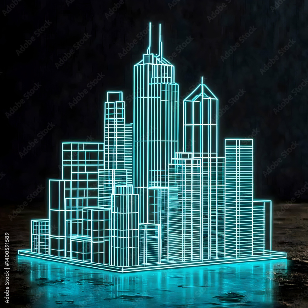 Fototapeta premium Futuristic city skyline model glowing at night; urban development, technology concept