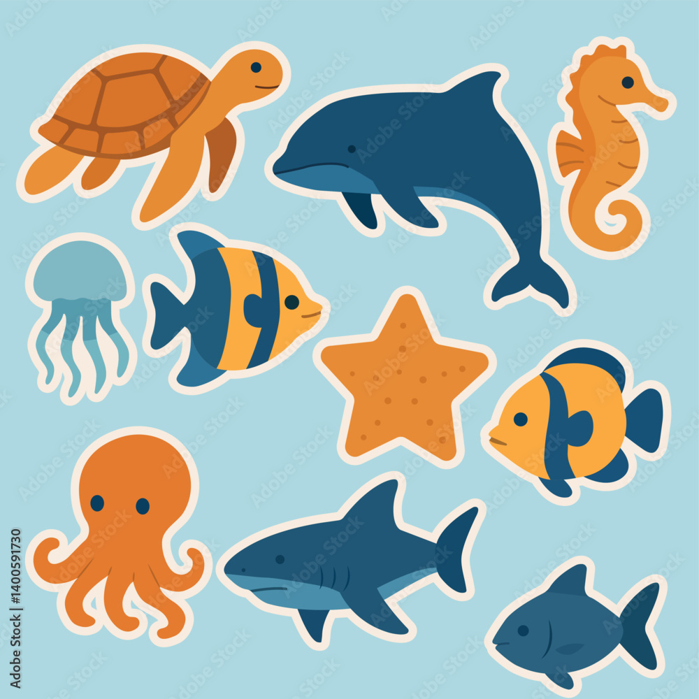 Vector illustration of ocean-themed stickers. The image features a dolphin, shark, octopus, sea turtle, seahorse, jellyfish, starfish, and colorful tropical fish on a blue background. Vector illustration of ocean-themed stickers. The image features a dolphin, shark, octopus, sea turtle, seahorse, jellyfish, starfish, and colorful tropical fish on a blue background.