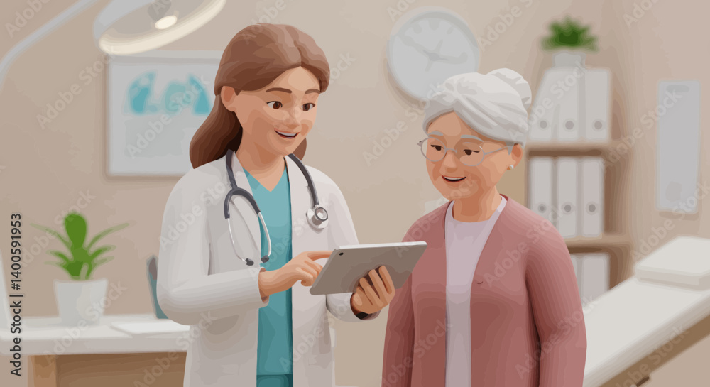 Fototapeta premium Happy female doctor and senior patient look at tablet screen discuss treatment or therapy on gadget. Smiling woman nurse and mature client use pad device discussing results in modern hospital 