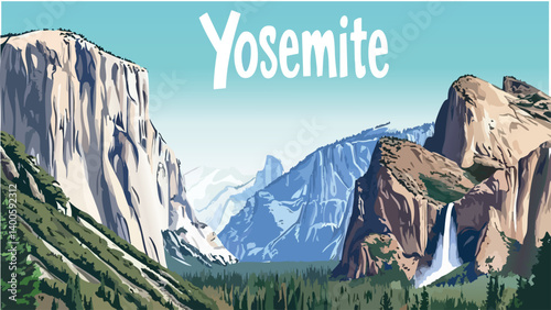 Yosemite National Park breathtaking waterfalls as a vector illustration.eps