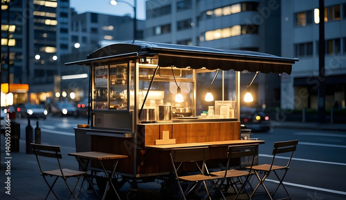 A yatai famous Fukuoka japanese street food stall with a dinning tables and chairs.