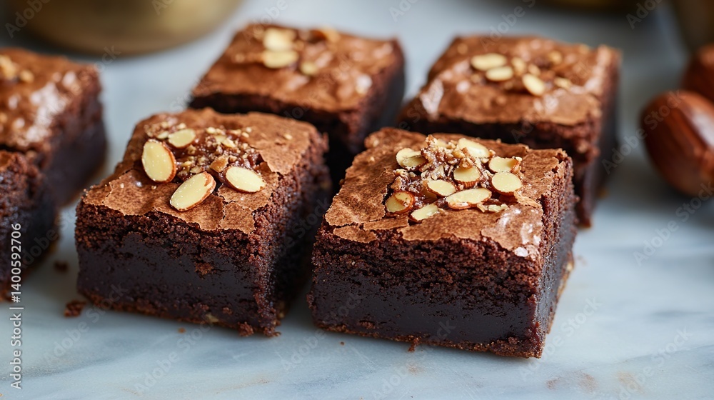 Homemade brownies with gooey fudge center, topped with crunchy almond flakes Homemade brownies with gooey fudge center, topped with crunchy almond flakes