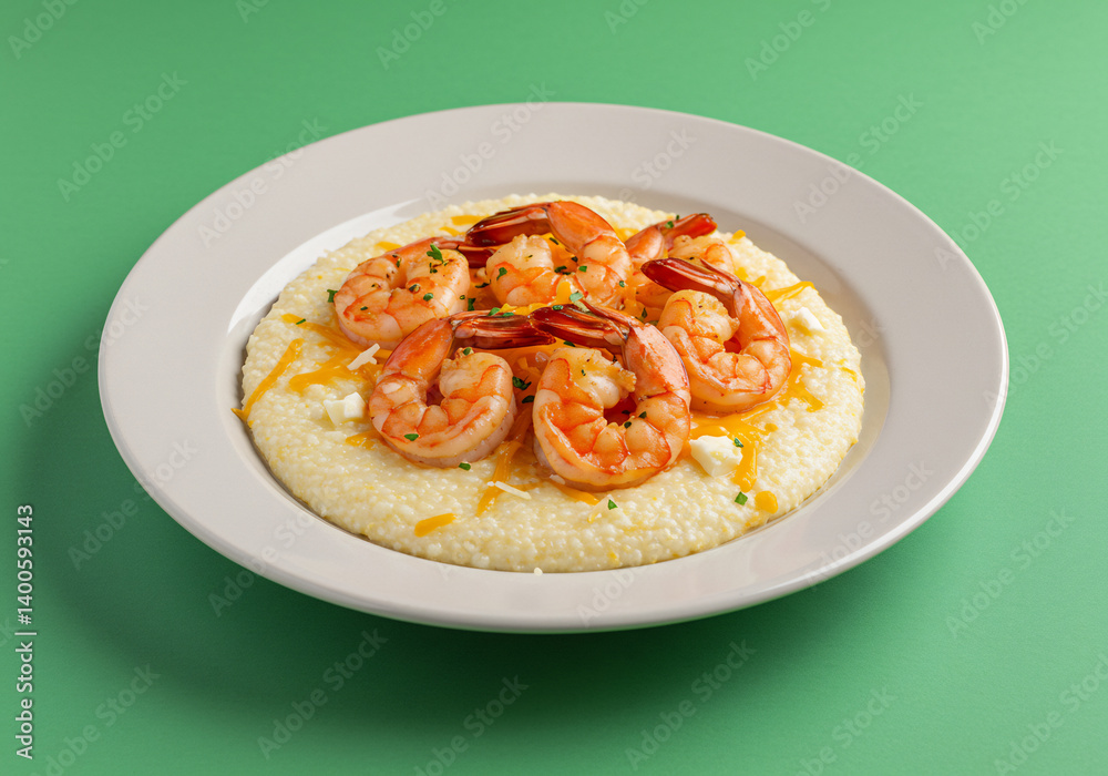 Naklejka premium Overhead Shot of Creamy Shrimp and Grits on a White Plate Against a Green Background