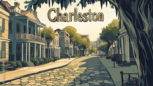 Charleston Battery Park and historic mansions as a vector illustration
