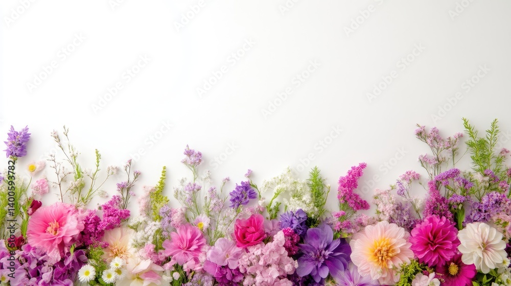 Naklejka premium Floral Arrangement Wildflowers Botanical Bright Style High-Resolution Horizontal Border Composition Delicate Blooms White Background Pastel Spring Tones Ideal for Wedding Invitations