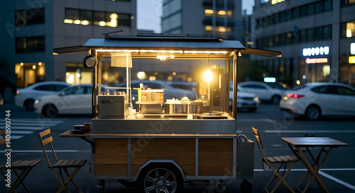 A yatai famous Fukuoka japanese street food stall with a dinning tables and chairs.