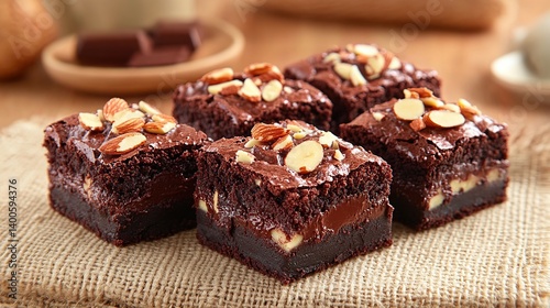 Homemade brownies with gooey fudge center, topped with crunchy almond flakes 