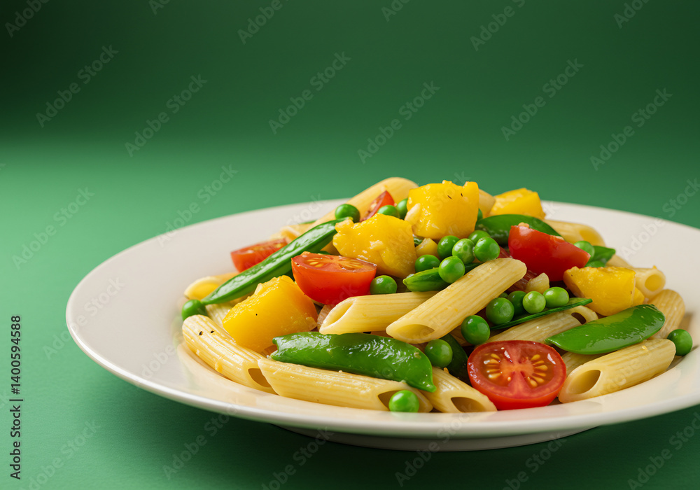 Penne Pasta Salad with Mango, Peas and Cherry Tomatoes on Green Background Penne Pasta Salad with Mango, Peas and Cherry Tomatoes on Green Background