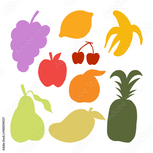 Flat Fruit Silhouette Icon Collection. A collection of 9 flat fruit silhouettes featuring simple iconic shapes including grapes apple banana mango and more perfect for food graphics and playful design