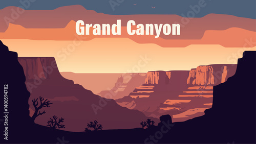 Grand Canyon sunrise over the canyon walls as a vector illustration