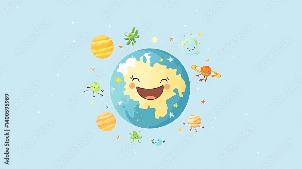 Smiling Earth surrounded by planets and space creatures. Cute and friendly space illustration for kids Smiling Earth surrounded by planets and space creatures. Cute and friendly space illustration for kids
