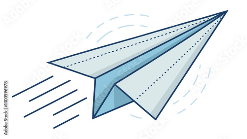 Blue paper plane flying in motion icon on white background