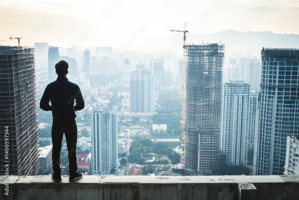 Man stands on rooftop edge overlooking a vast city skyline during sunrise Man stands on rooftop edge overlooking a vast city skyline during sunrise