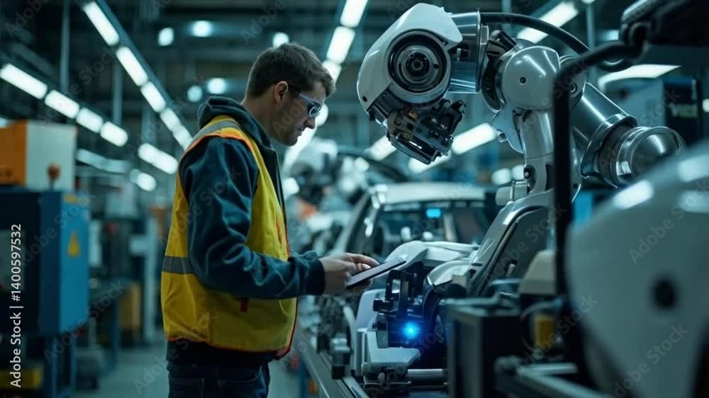 Engineer Supervising Robotics in a Modern Industrial Manufacturing Facility Engineer Supervising Robotics in a Modern Industrial Manufacturing Facility